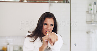 Buy stock photo Woman, singing and pointing with toothbrush, POV and dental hygiene with sound. Home, oral care and person with fun, wellness and health routine with audio, portrait and playful with energy and dance