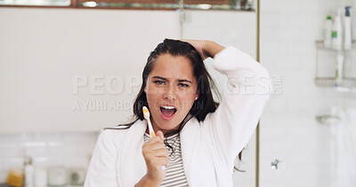Buy stock photo Woman, portrait and toothbrush with singing and dancing in bathroom for fun, energy and morning routine. Dental care, grooming and person brushing teeth with mic, music or dancer for hygiene in home