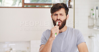 Buy stock photo Man, toothbrush and singing in bathroom for fun, energy and morning routine in home. Dental care, grooming and male person brushing teeth with happiness, music or vocal song for hygiene in house