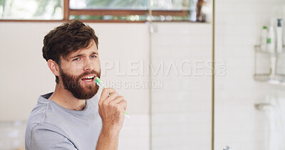 Buy stock photo Man, toothbrush and singing in bathroom for fun, energy and morning routine in home. Dental care, grooming and male person brushing teeth with song, music or vocal for hygiene in house with space