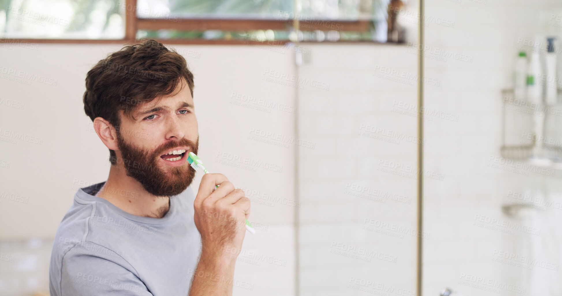 Buy stock photo Man, toothbrush and singing in bathroom for fun, energy and morning routine in home. Dental care, grooming and male person brushing teeth with song, music or vocal for hygiene in house with space