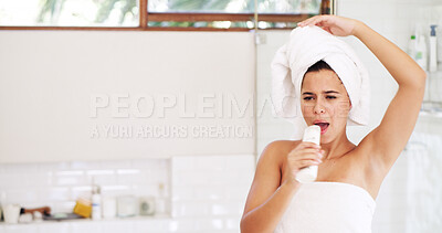 Buy stock photo Girl, dance and singing in bathroom, home and grooming with shampoo bottle for hair care. Happy woman, voice and music performance with morning routine, hygiene and towel with space at apartment