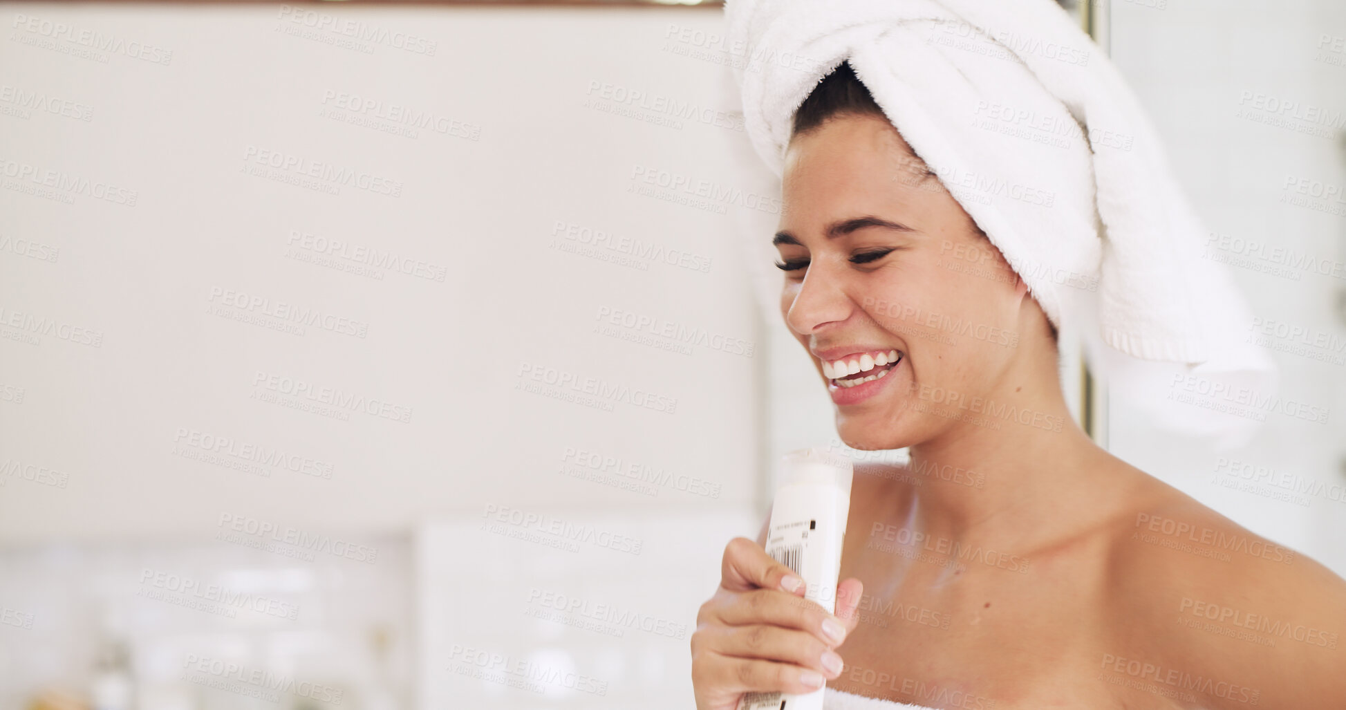 Buy stock photo Shampoo, sing and smile with woman in shower of home for cleaning, hygiene or morning routine. Energy, fun and music with happy person by space in bathroom for fantasy karaoke or natural skincare