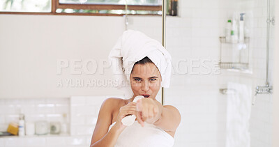 Buy stock photo Woman, portrait and singing in bathroom, dance and grooming with bottle, point and hair care. Girl, voice and funny performance with song for hygiene, happy or music with morning routine in Spain