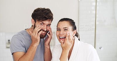 Buy stock photo Portrait, skincare and smile with couple in bathroom of home together for moisturizing routine. Beauty, cream and lotion with happy people in mirror at apartment for antiaging cosmetics or wellness