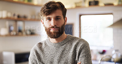 Buy stock photo Break, confident or portrait of man in kitchen of home for chilling, me time or wellness on weekend. Face, lounge and serious person in apartment to relax for rest, relief or day off to unwind