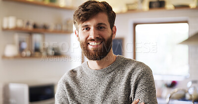 Buy stock photo Break, portrait and relax with man in kitchen for chilling, me time or wellness on weekend. as homeowner. Face, morning and smile of happy male person in apartment for rest, relief or to unwind