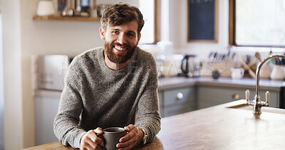 Buy stock photo Break, coffee and portrait of man in kitchen of home for chilling, me time or wellness on weekend. Beverage, morning and smile of happy male person in apartment for caffeine, relax or relief