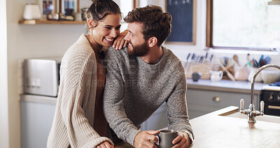 Buy stock photo Couple, laugh and conversation with coffee in kitchen with funny story, gossip or memory with joke in home. Happy woman, man and smile with talk, love and chat for bonding with drink at apartment