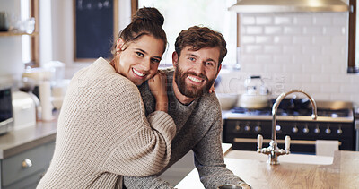 Buy stock photo Hug, morning and portrait with couple in kitchen of home together for bonding, safety or security. Coffee, love or smile with man and woman embracing in apartment for break, trust or wellness
