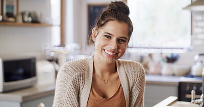 Buy stock photo Break, portrait and relax with woman in kitchen of home for chilling, me time or wellness on weekend. Face, morning and smile of happy female person in apartment for rest, relief or to unwind