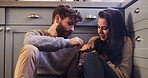 Couple, relax and eating ice cream on floor with love, sharing dessert and bonding together. People, rest and partner with sweet treats of romantic date, frozen snack and marriage commitment at house