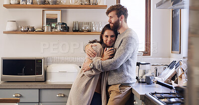 Buy stock photo Coffee, hug and morning with couple in kitchen of home together for bonding, safety or security. Drink, love and smile with portrait of woman on chest of man, embracing in apartment for trust