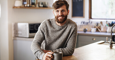 Buy stock photo Coffee, portrait and smile of man in kitchen of home for chilling, me time or wellness on weekend. Beverage, morning and relax with happy person in apartment for rest, quiet relief or to unwind