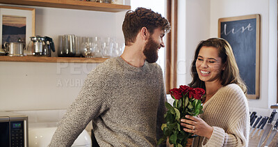 Buy stock photo Flowers, love and smile with couple in living room of home together for anniversary celebration. Bouquet of roses, gift or romance with man and woman in apartment for bonding, milestone or security