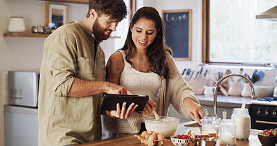 Buy stock photo Kitchen, mixing or couple on tablet for baking recipe method, lunch or guide in home together. Online tutorial, cooking or people on touchscreen with ingredients instruction, food or meal prep steps