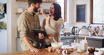 Buy stock photo Kitchen, play or happy couple on tablet for baking recipe method, lunch or guide in home together. Online tutorial, nose joke or funny people in house with cooking instruction, food or meal steps