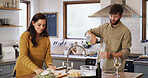 Pouring, wine and couple in kitchen, cooking and ingredients for meal prep, culinary and commitment. People, together and alcohol in home, nutrition and recipe for dinner, relationship or marriage