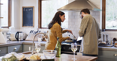 Buy stock photo Cooking, love and recipe with couple in kitchen of home together for meal prep or process. Diet, food and ingredients with people bonding in apartment for healthy dinner, nutrition or wellness