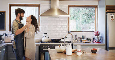 Buy stock photo Happy couple, dance and cooking in kitchen, home and holding hands with love, care and bonding. Man, woman and connection with trust, food and ingredients for healthy nutrition with smile at house