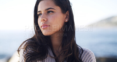 Buy stock photo Thinking, woman and relax for travel at ocean for fresh air, summer ideas and vacation reflection. Female person, rest and thoughts with tourist planning, holiday memory and morning peace for getaway