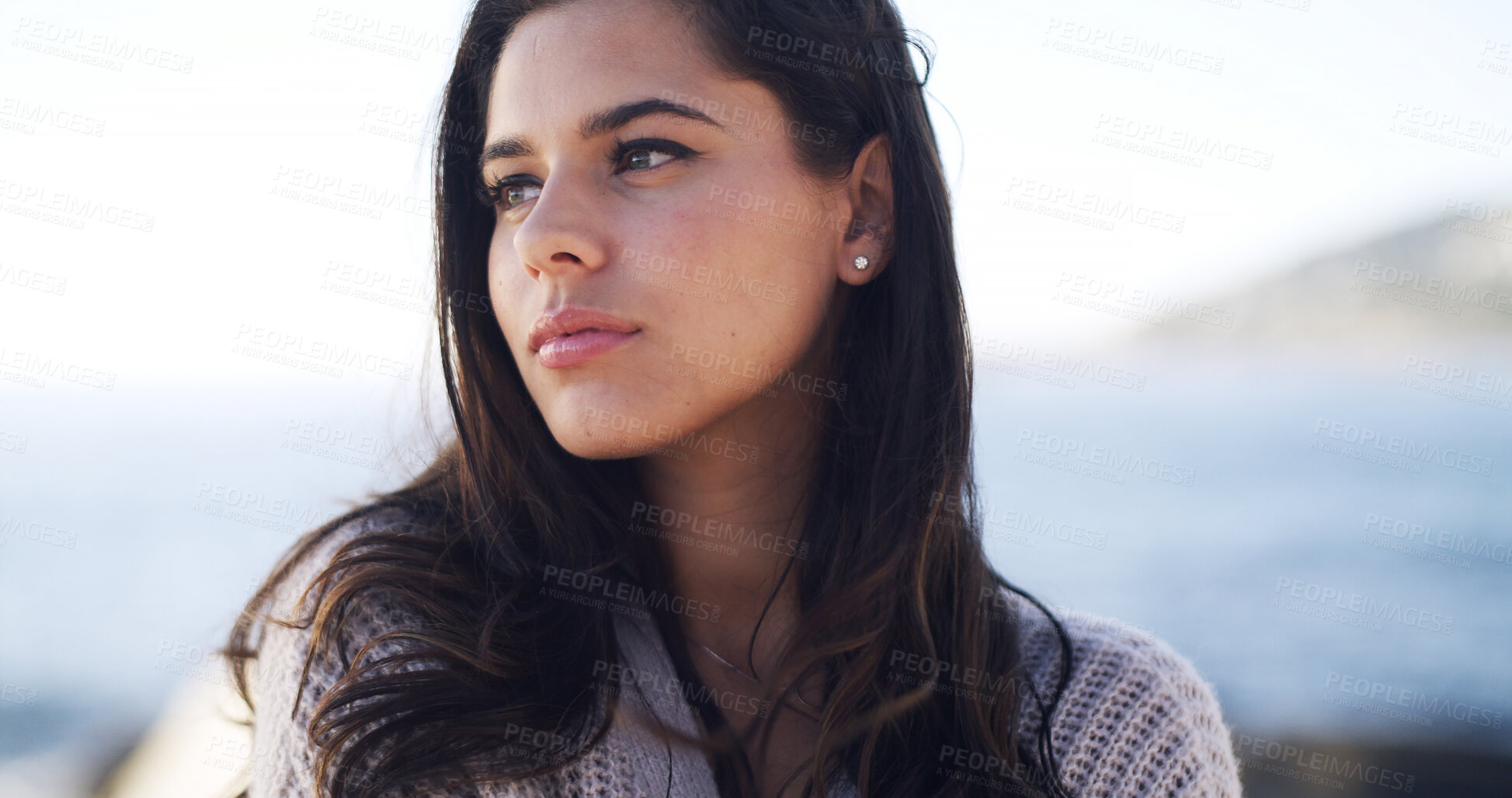 Buy stock photo Thinking, woman and relax for travel at ocean for fresh air, summer ideas and vacation reflection. Female person, rest and thoughts with tourist planning, holiday memory and morning peace for getaway