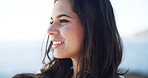 Thinking, woman and smile for travel at ocean for fresh air, summer ideas and vacation reflection. Happy, female person and thoughts with tourist planning, holiday memory and morning peace of getaway