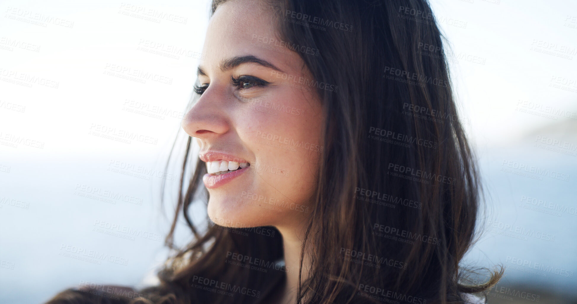 Buy stock photo Thinking, woman and smile for travel at ocean for fresh air, summer ideas and vacation reflection. Happy, female person and thoughts with tourist planning, holiday memory and morning peace of getaway