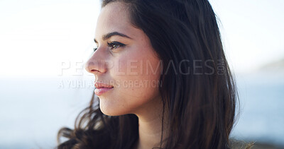 Buy stock photo Thinking, woman and rest for travel at ocean for fresh air, summer ideas and vacation reflection. Female person, relax and thoughts with tourist planning, holiday memory and morning peace for getaway