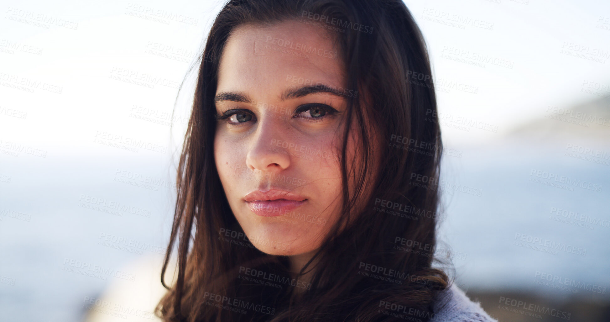 Buy stock photo Portrait, travel and woman at sea for holiday, summer trip and adventure in nature. Beach, tourist and serious person outdoor with confidence on vacation break at ocean on island in Australia