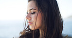 Serious, woman and thinking for travel at ocean for fresh air, summer ideas and vacation reflection. Female person, relax and thoughts with tourism choice, holiday memory and morning peace of getaway