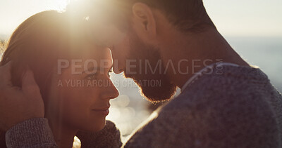 Buy stock photo Couple, support and love with sunset on beach for summer vacation, romantic date and bonding. Happy, man and woman with travel, tropical holiday and affection for relationship and commitment at ocean
