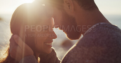 Buy stock photo Embrace, connection or couple at beach for sunset, valentines day or love in relationship together. Care, affection or people bonding on holiday for romantic anniversary, vacation and travel date