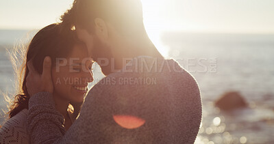 Buy stock photo Embrace, connection or couple at sea for honeymoon, valentines day and love in relationship together. Hug, affection or people bonding on holiday for romantic anniversary, vacation and beach date