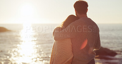 Buy stock photo Space, sunset and couple hug at beach for honeymoon, valentines day and love in relationship together. Sea, relax and back view of people bonding on holiday for romantic anniversary, vacation or date