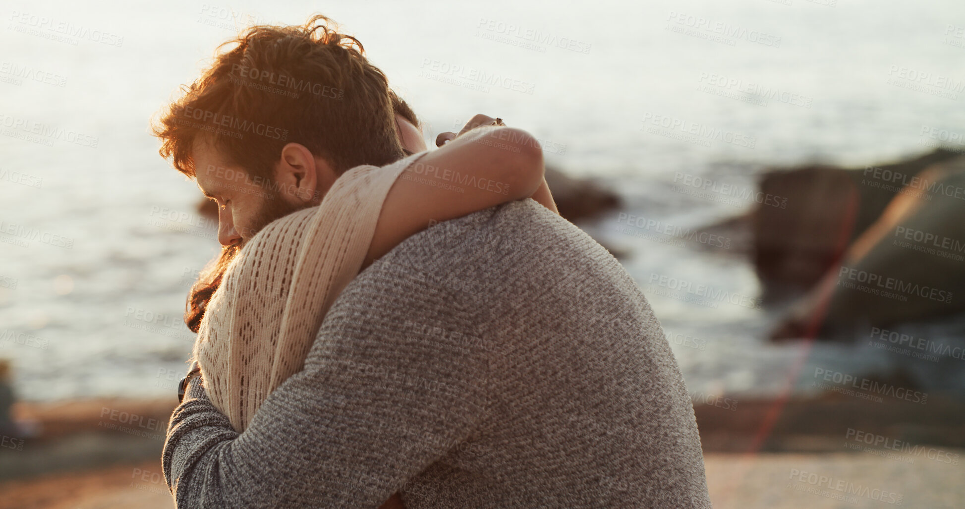 Buy stock photo Island, hug and couple at beach for honeymoon, valentines day and love in relationship together. Sea, relax and people bonding on outdoor holiday for romantic anniversary, vacation and travel date