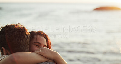 Buy stock photo Space, hug and couple at beach for honeymoon, valentines day and love in relationship together. Sea, relax and people bonding on outdoor holiday for romantic anniversary, vacation and travel date