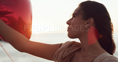 Buy stock photo Outdoor, celebrate and happy woman with balloons for love, present and romantic gesture. Red color, smile and female person with inflatable gift for support, holiday and wellness on valentines day