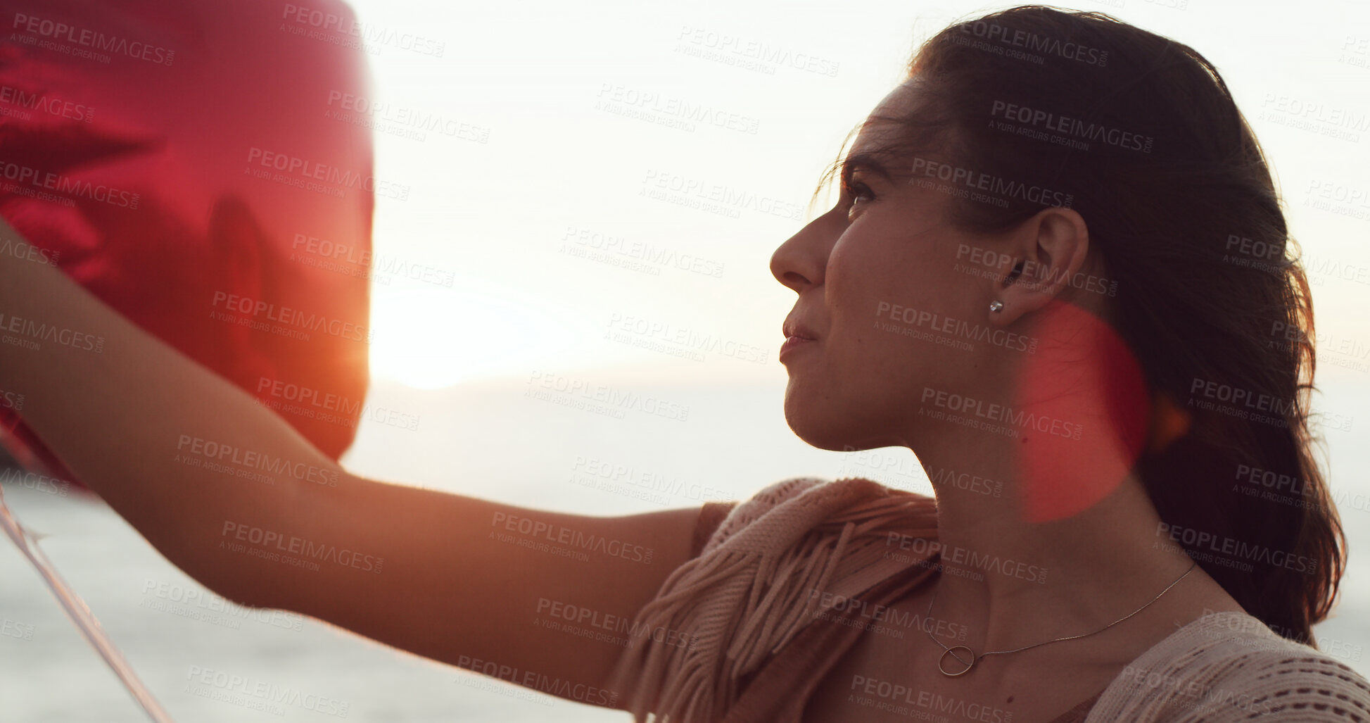 Buy stock photo Outdoor, celebrate and happy woman with balloons for love, present and romantic gesture. Red color, smile and female person with inflatable gift for support, holiday and wellness on valentines day