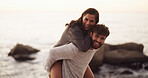 Beach, love and happy couple laugh with piggyback on holiday, vacation or date together. Portrait, man and carry woman at sea for romance, connection and travel with excited partner outdoor in summer