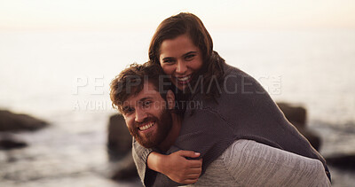 Buy stock photo Beach, love and portrait of happy couple with piggyback on holiday, vacation or date together. Smile, man and woman with hug at ocean for romance, connection and travel with partner outdoor in summer