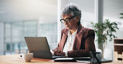 Buy stock photo Laptop, notebook and typing with business woman in office for administration, planning or report. Computer, journal and reading with mature employee in workplace for feedback, research or review