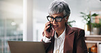 Business, phone call and woman with laptop, planning and schedule for tax audit, broker and accounting. Mature person, financial agency and investment with pc, portfolio management and discussion