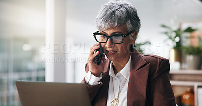 Buy stock photo Business, phone call and woman with laptop, planning and schedule for tax audit, broker and accounting. Mature person, financial agency and investment with PC, portfolio management and discussion