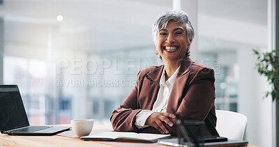 Buy stock photo Arms crossed, portrait and smile of business woman in office for administration, planning or report. Coffee, laptop and notebook with mature employee in workplace for feedback, research or review