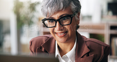 Buy stock photo Smile, reading and business woman on computer for insurance policy, report or research. Technology, glasses and mature broker check email in office for claims approval, risk management or proposal
