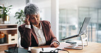 Business, headache and woman in office, stress and laptop with stock market crash, pressure and tired. Mature person, accounting or employee with pc, evening or migraine with pain, tension or fatigue