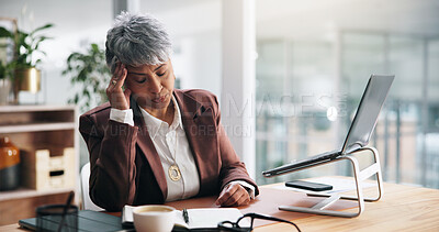 Buy stock photo Business, headache and woman in office, stress and laptop with stock market crash, pressure and tired. Mature person, accounting or employee with PC, investment fail or migraine with pain or fatigue