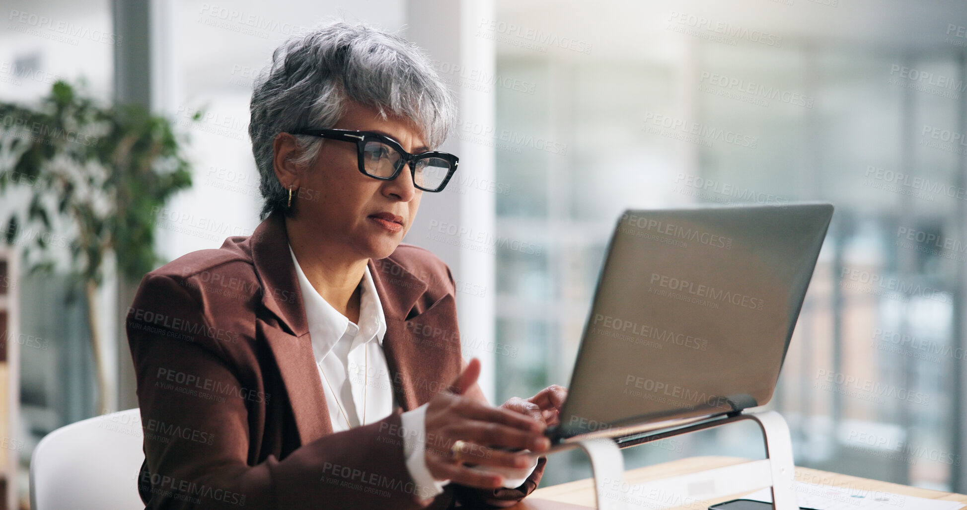 Buy stock photo Business, laptop and woman in office, online reading and creative agency with email. Mature person, employee and fashion journalist in workplace, PC and magazine editor with review and news report