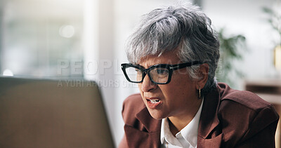 Buy stock photo Confused, laptop and mature businesswoman in office with finance budget mistake or glitch. Glasses, computer and female financial manager with frustration for stock market crash with investment fail.